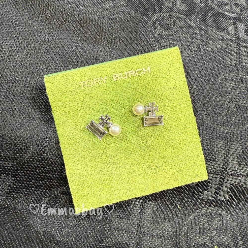 Tory Burch Logo Pearl Cluster Stud Earring 177642 Tory Silver/Pearl/Black $130